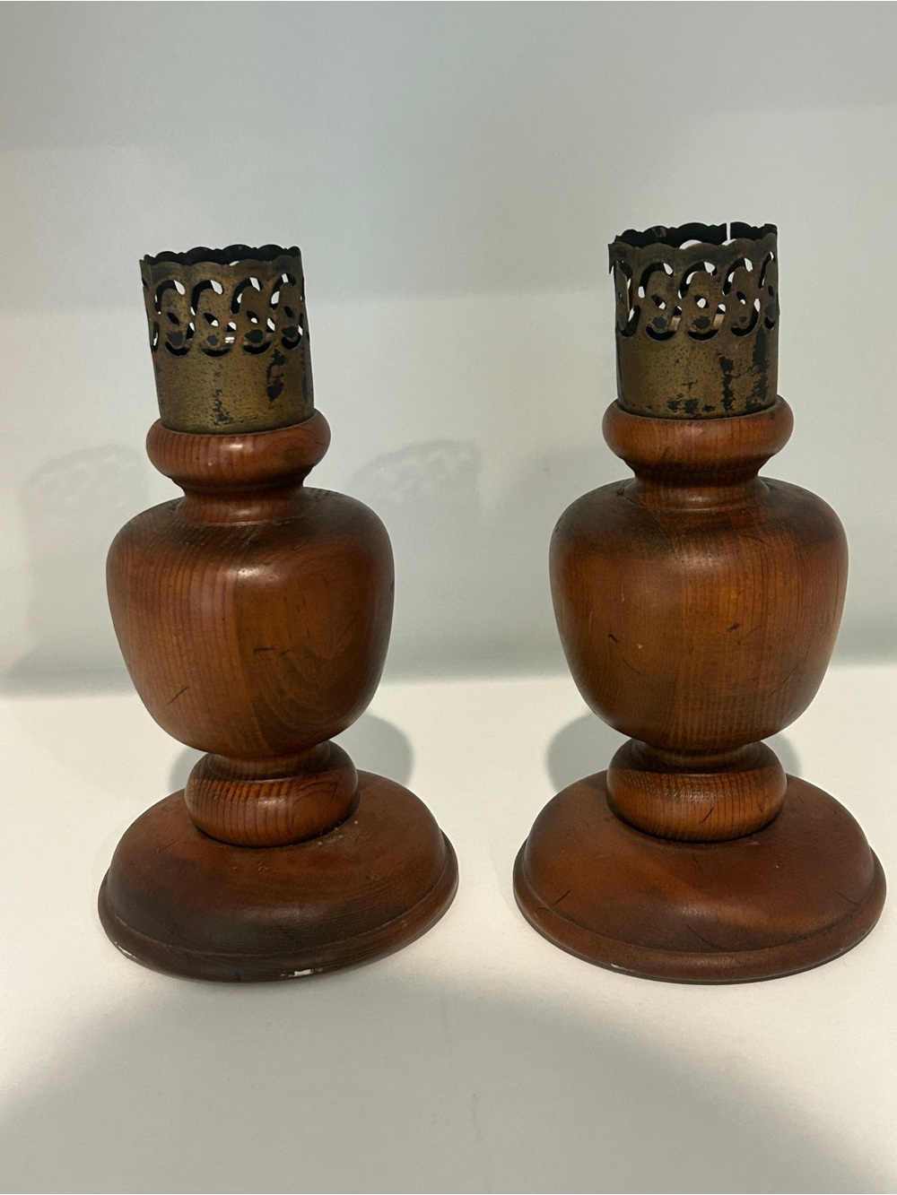 VTG Wooden Candle Holders with Brass Accents - Brown